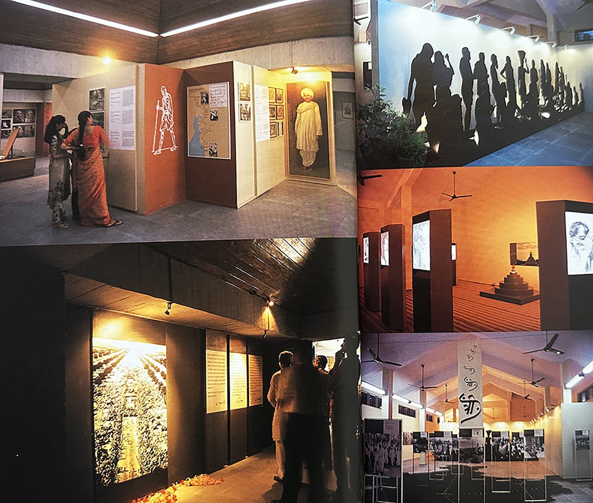 Museum interior, illuminated exhibits